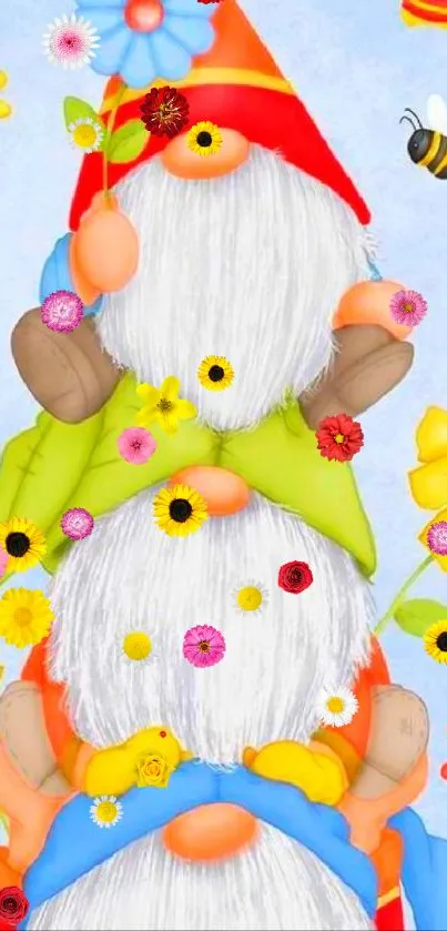 Whimsical gnomes with colorful flowers and bees wallpaper.