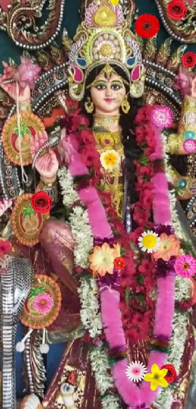 Colorful image of Goddess Durga with intricate decorations.