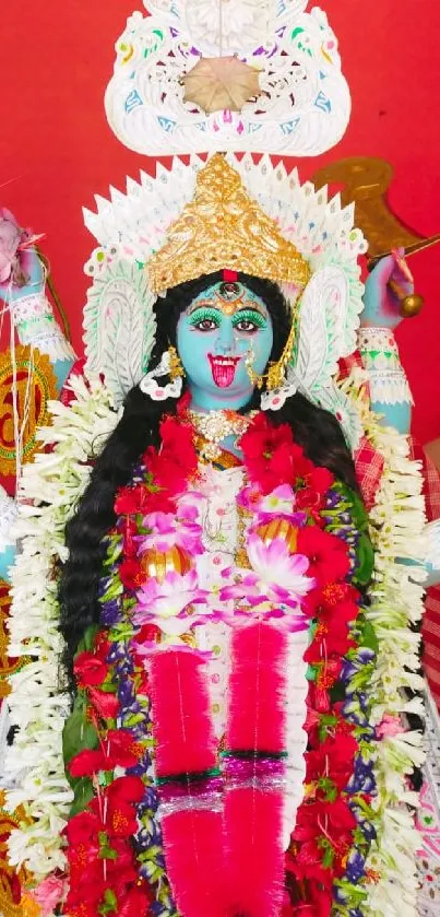 Vibrant depiction of Goddess Kali with intricate details and colorful adornments.