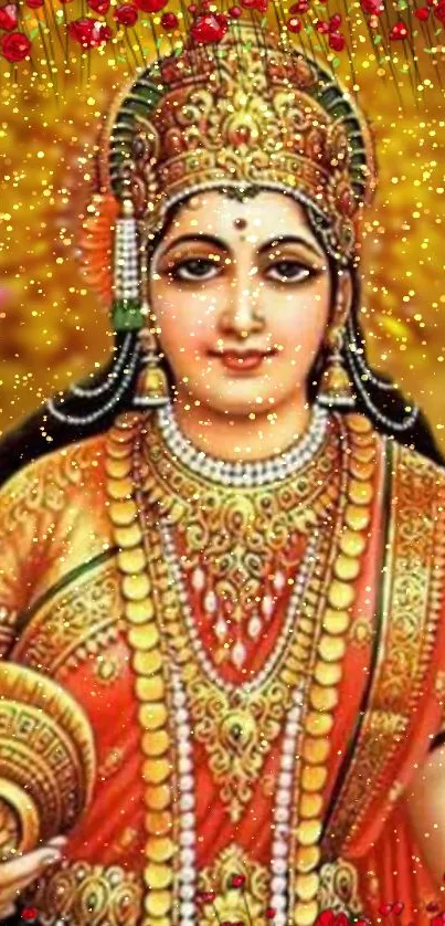 Goddess adorned with jewelry on a golden vibrant wallpaper.