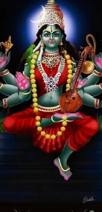 Colorful goddess with multiple arms in red attire on a vibrant mobile wallpaper.