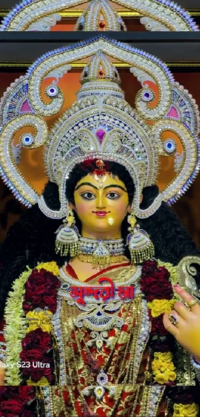 Colorful traditional goddess statue adorned with jewelry.