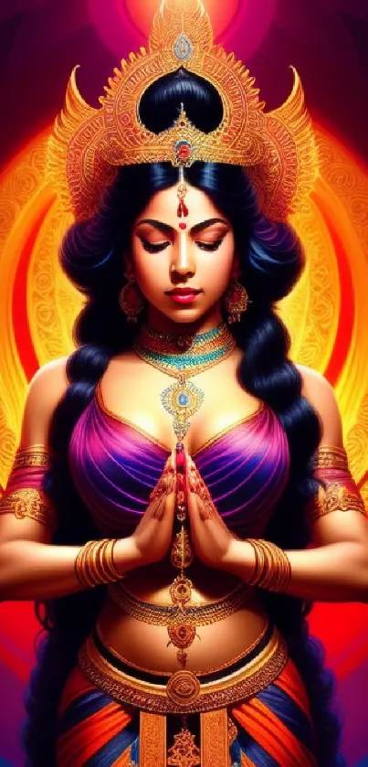 Colorful goddess in vibrant attire with spiritual aura on mobile wallpaper.