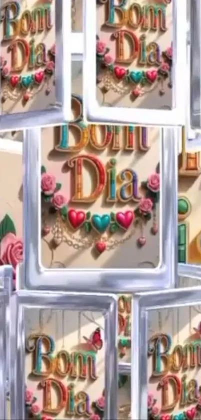 Colorful 'Bom Dia' design with roses and hearts.