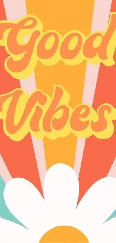 Good Vibes text over a colorful retro design with a daisy flower.