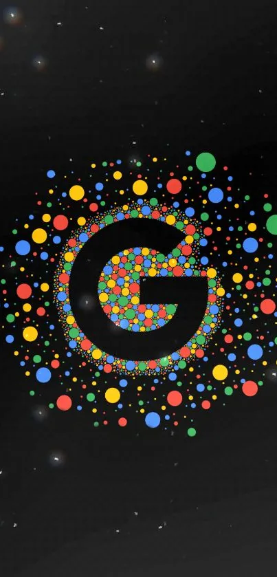 Bright, dotted 'G' logo with colorful particles on black.