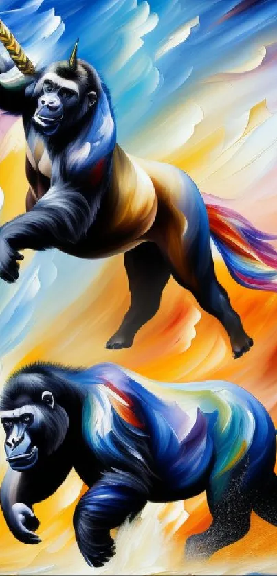 Colorful artwork of a gorilla-unicorn with vibrant swirls.