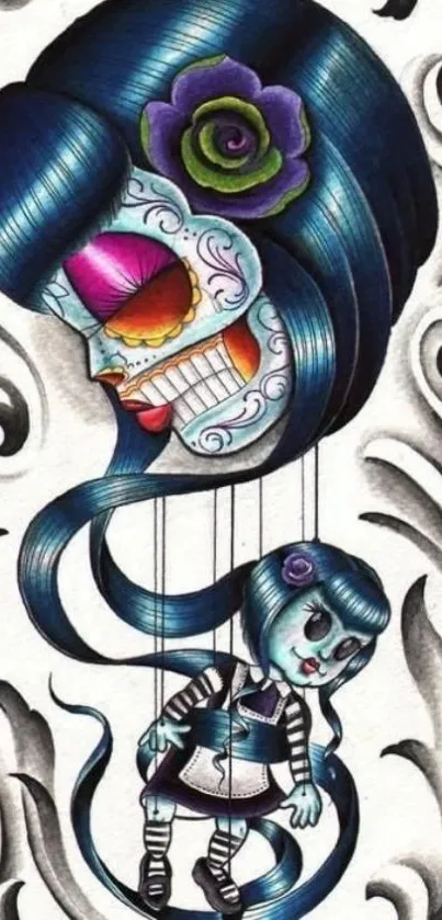 Vibrant gothic skull and marionette design wallpaper.