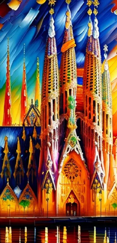 Colorful Gothic cathedral with vibrant hues and abstract design.