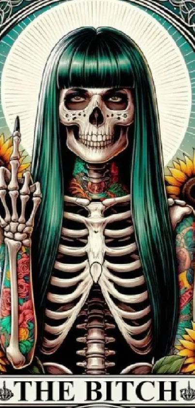 Gothic skeleton with teal hair and sunflowers on mobile wallpaper.