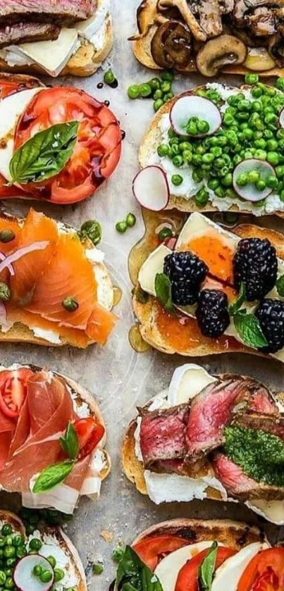 Colorful open-faced sandwiches wallpaper with fresh ingredients.