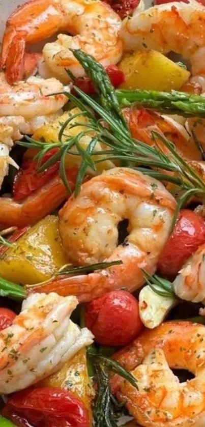 Close-up of vibrant shrimp dish with fresh herbs and vegetables.