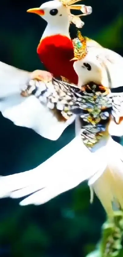 Colorful birds in mid-flight with vibrant plumage against a green backdrop.