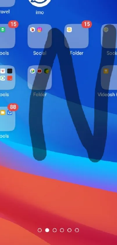 Blue gradient wallpaper with app icons on a mobile home screen.