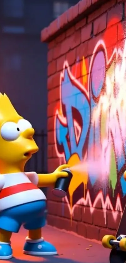 Animated character spray paints colorful graffiti on brick wall.