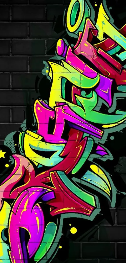 Colorful graffiti art on dark brick wall wallpaper.