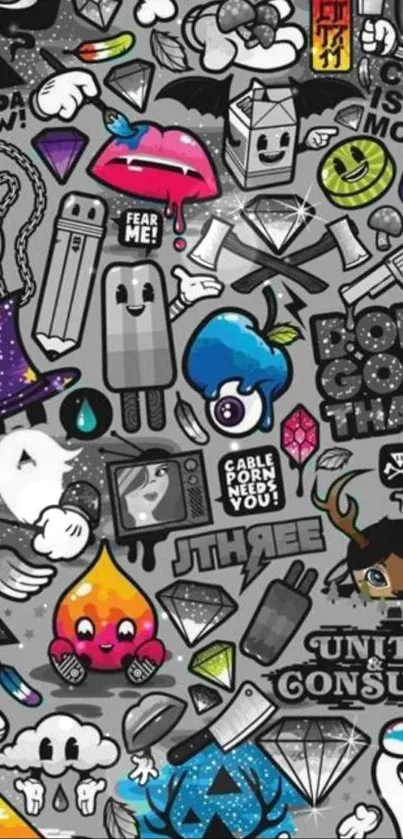 Graffiti art wallpaper with colorful characters and abstract shapes.