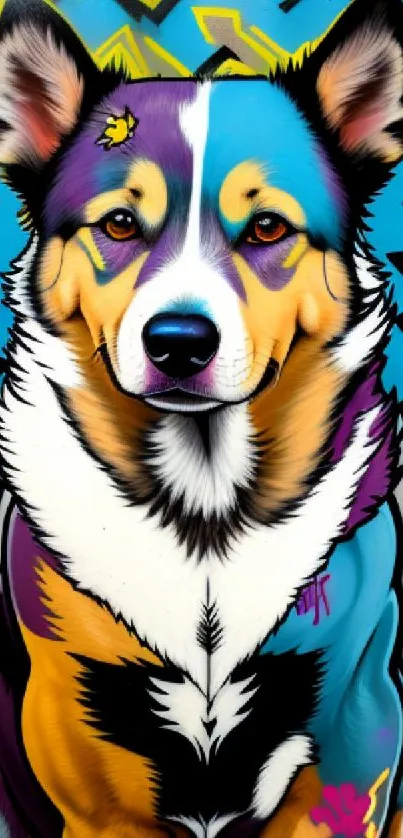 Vibrant graffiti style Corgi dog mural bursting with vivid colors.