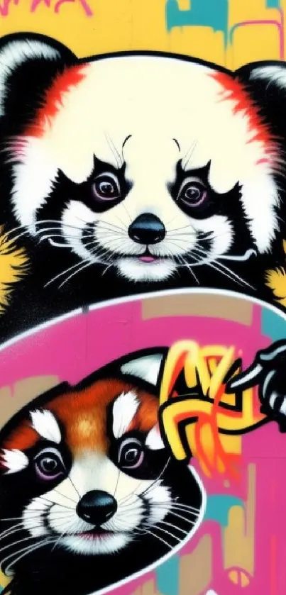 Vibrant graffiti art with colorful pandas on a mural.