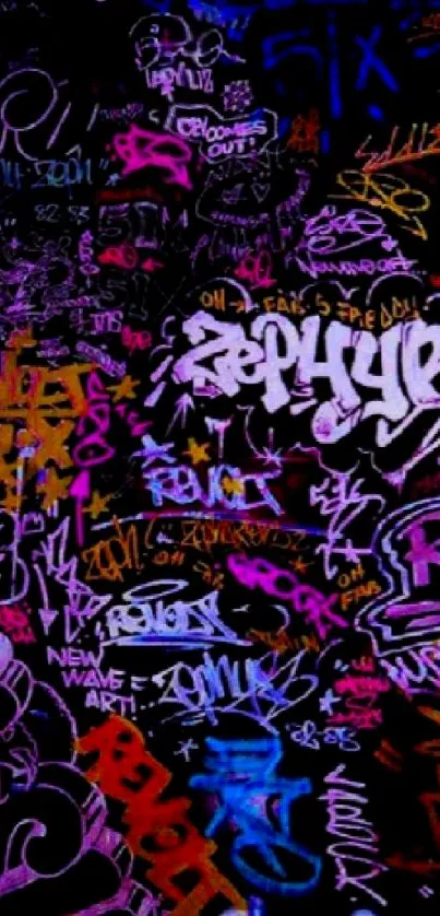 Vibrant and colorful graffiti art wallpaper with dark purple hues.