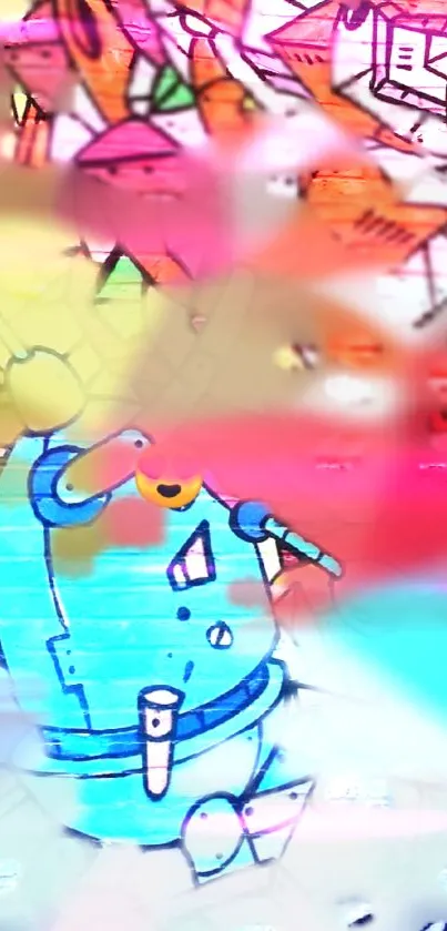 Colorful graffiti wallpaper with blue robot art.