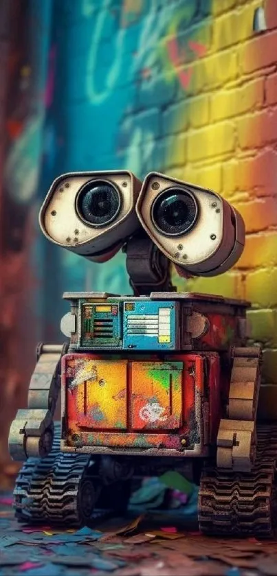 Graffiti-covered robot with colorful backdrop.