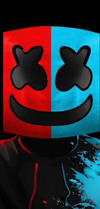 Stylish red and blue mask with black accents on a mobile wallpaper.