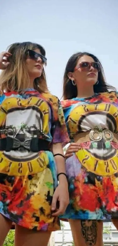 Two women in matching colorful T-shirts under a clear sky.