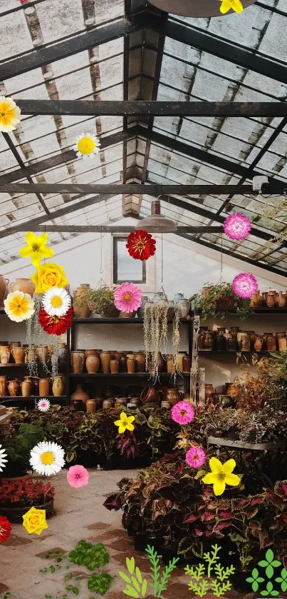 Greenhouse with colorful flowers and lush plants creates a vibrant atmosphere.