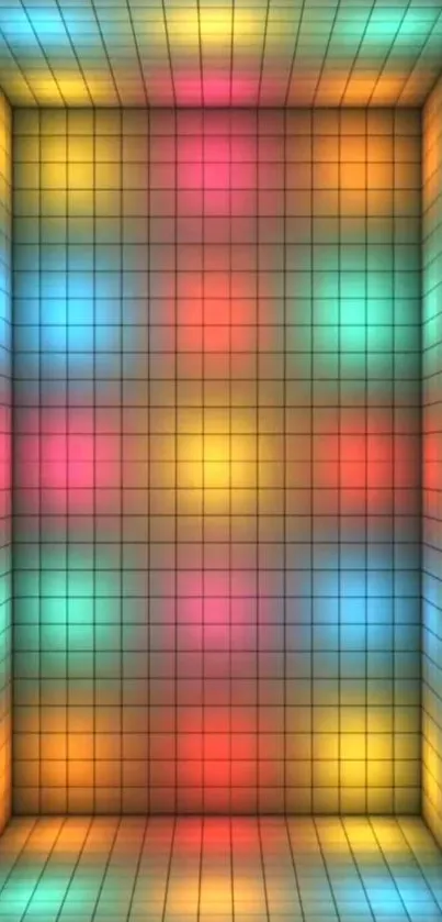 Colorful grid wallpaper with glowing squares and vibrant hues.