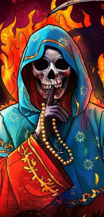 Vibrant Grim Reaper art with fiery background.