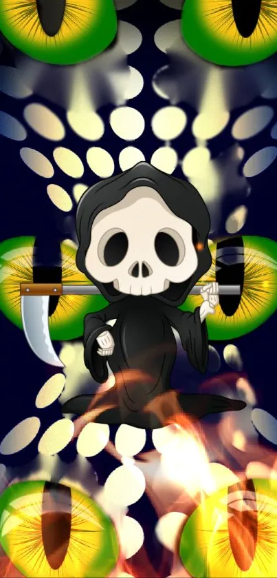 Cartoon Grim Reaper amid green eyes and flames on dark blue wallpaper.