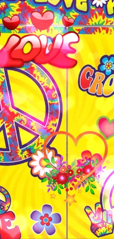 Bright groovy wallpaper with peace signs and vibrant colors.