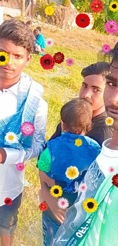 Group selfie with colorful floral decorations in an outdoor setting.