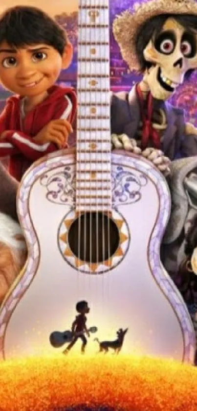 Vibrant animated wallpaper featuring a central guitar and colorful characters.