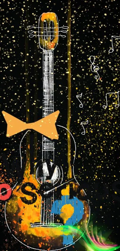 Vibrant guitar-themed wallpaper with colorful splashes and musical notes.