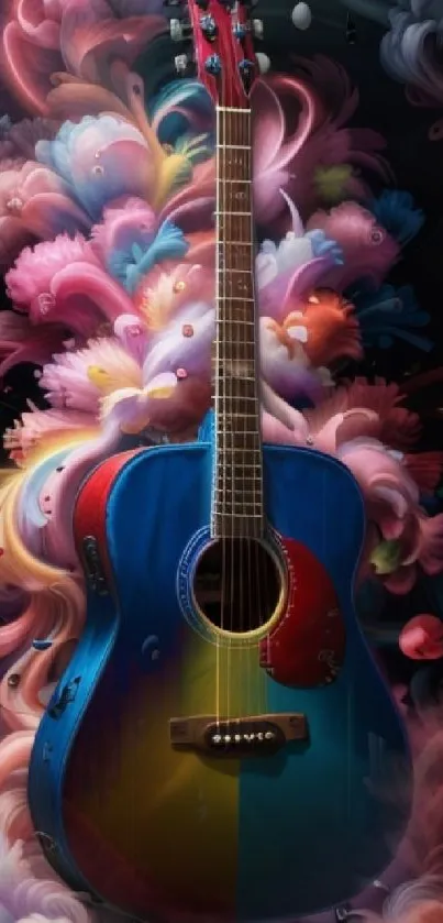 Colorful guitar with artistic swirls in vibrant wallpaper.