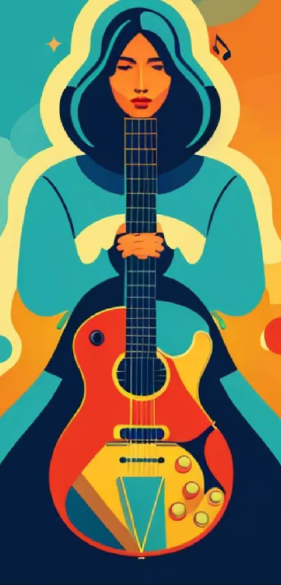 Illustration of a figure with a guitar and musical notes on colorful background.