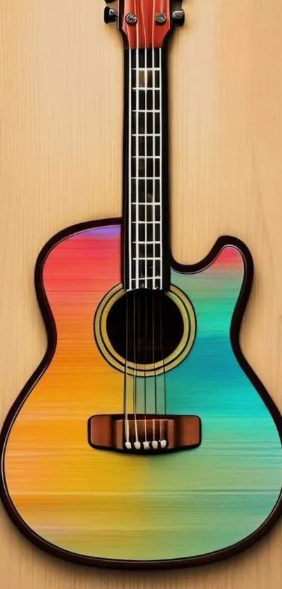 Colorful guitar artwork with rainbow hues on wooden texture background.