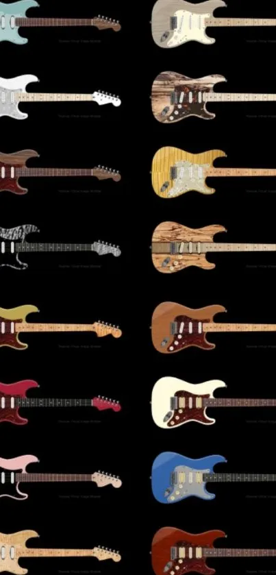 A collection of colorful electric guitars on a black background wallpaper.