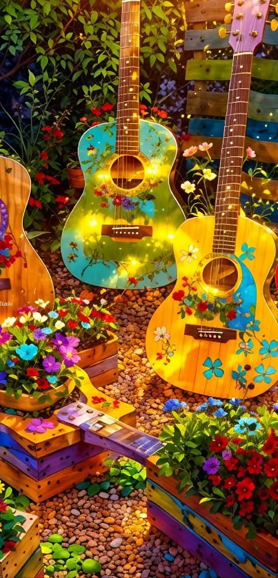 Colorful guitars with floral designs in a garden setting.