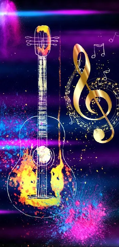 Vibrant guitar and musical notes wallpaper with colorful splash design.