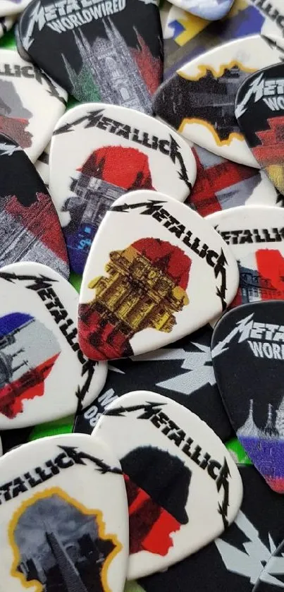 A collage of colorful guitar picks with various designs, perfect for music lovers.