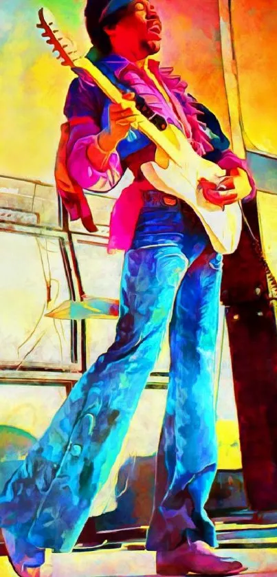 Colorful painting of a guitarist performing on stage.