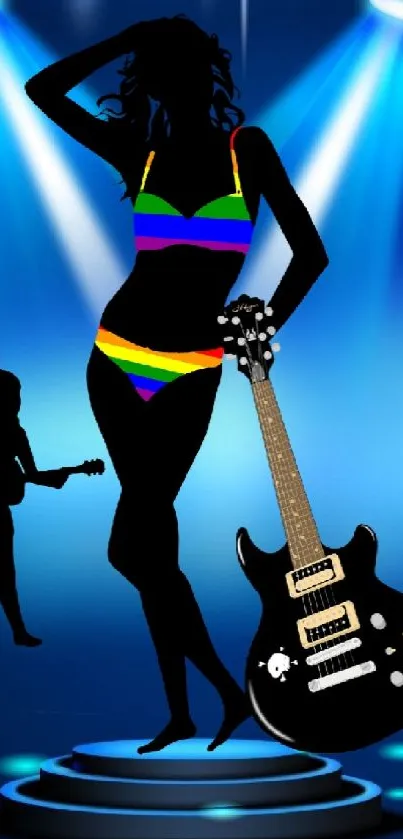 Silhouette of female guitarist with rainbow outfit on vibrant blue stage.