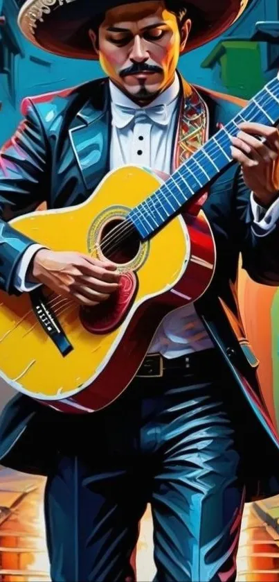 Guitarist in mariachi outfit on colorful street.