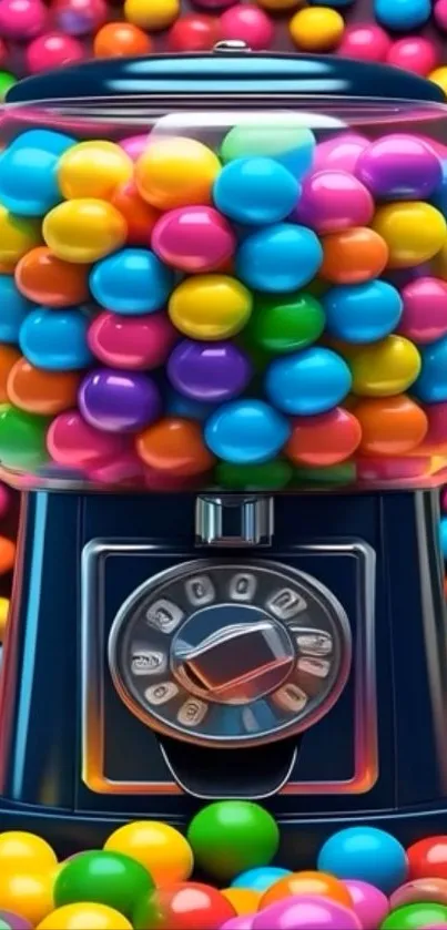 Colorful gumball machine filled with vibrant spheres.