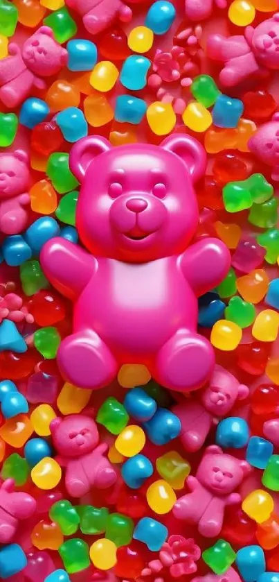 Pink teddy bear with colorful candy background.