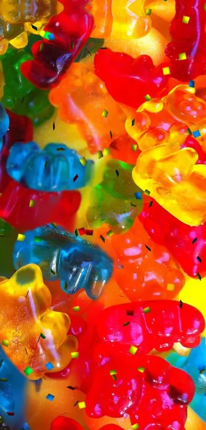 Colorful gummy bears on a vibrant wallpaper.