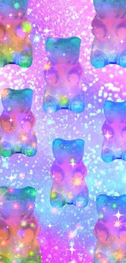 Colorful gummy bears floating in a galaxy of sparkles.